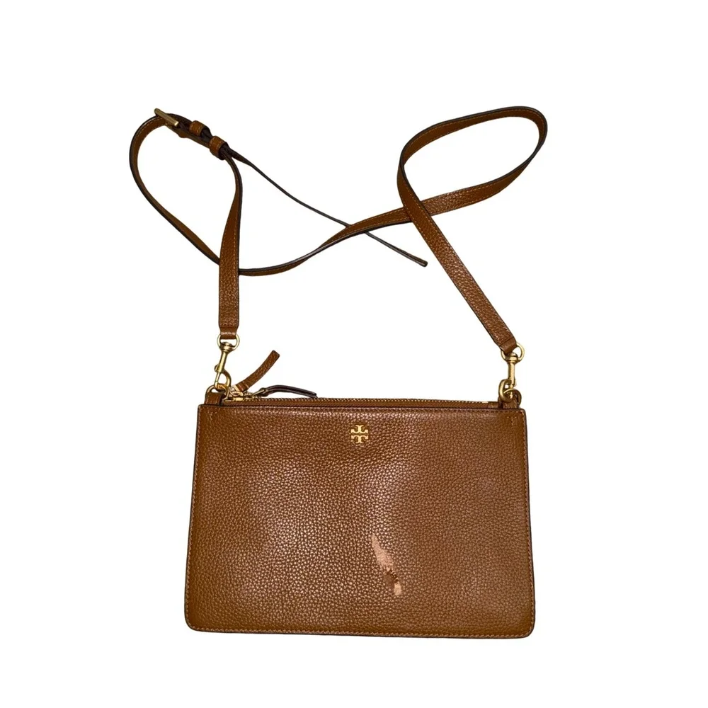 Tory Burch Crossbody Bag Womens Small Tan Fair Pebbled Leather Triple Zip Miller